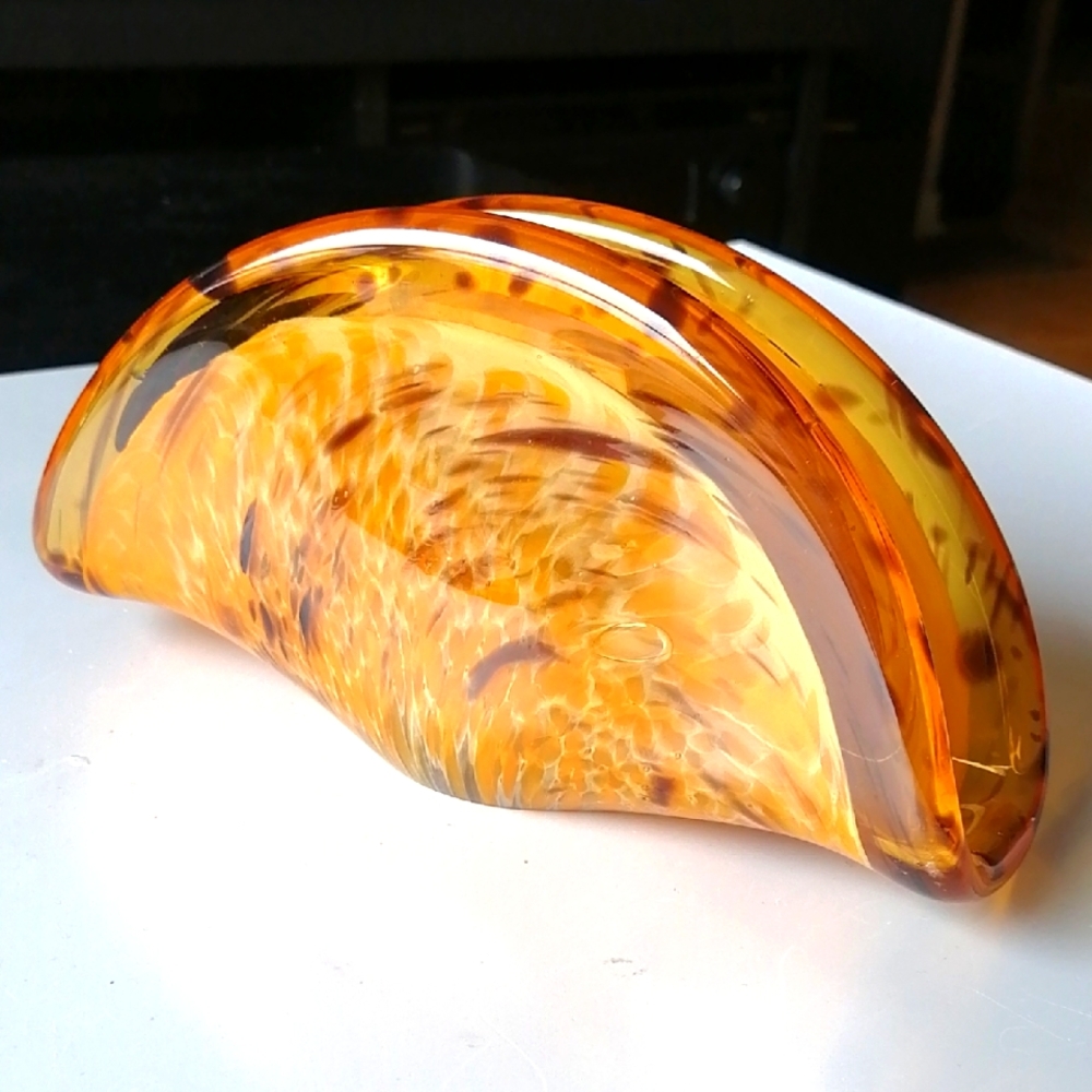 Vintage Murano Folded Glass Napkin Holder Amber Brown Art Deco Style